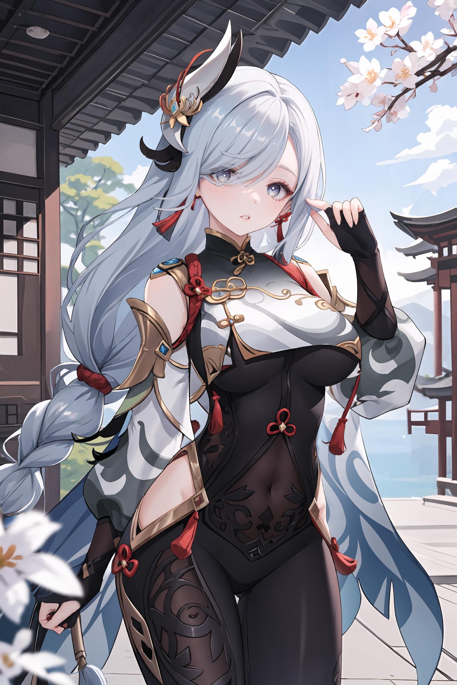 1girl, shenhe \(genshin impact\), solo, hair ornament, braid ponytail, elbow gloves, black bodysuit, tassel earrings, (breast curtain), puffy sleeves, waist cape, cowboy shot, standing, looking at viewer, hand on own face, parted lips, plum blossoms, east asian architecture, outdoors, depth of field, masterpiece