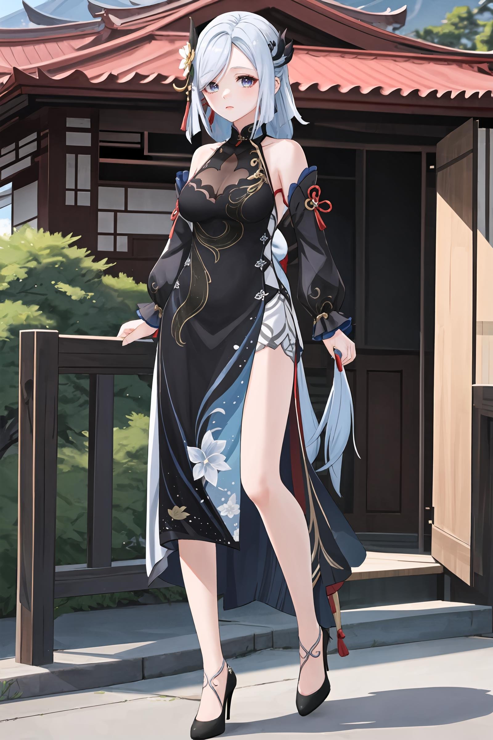 1girl, shenhe \(frostflower dew\) \(genshin impact\), solo, hair flower, black china dress, detached sleeves, low-tied long hair, thighlet, black pumps, full body, standing, looking at viewer, expressionless, mountain, east asian architecture, outdoors, depth of field, masterpiece