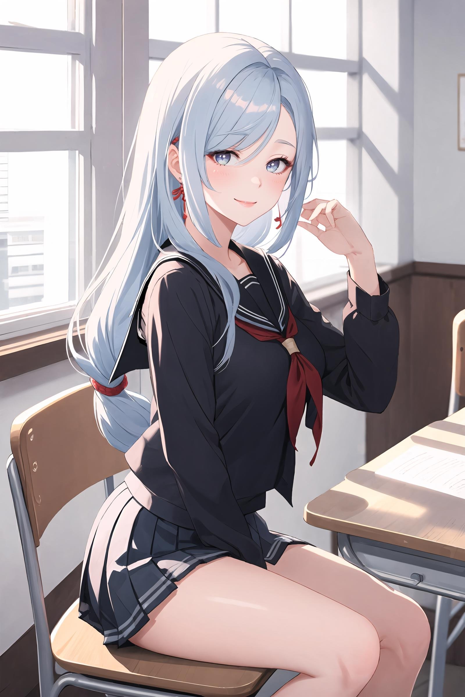 1girl, shenhe \(genshin impact\), braid ponytail, school uniform, serafuku, sitting, school desk, school chair, hand on own chin, from side, looking at viewer, light smile, blush, window, floating hair, sunbeam, depth of field, masterpiece