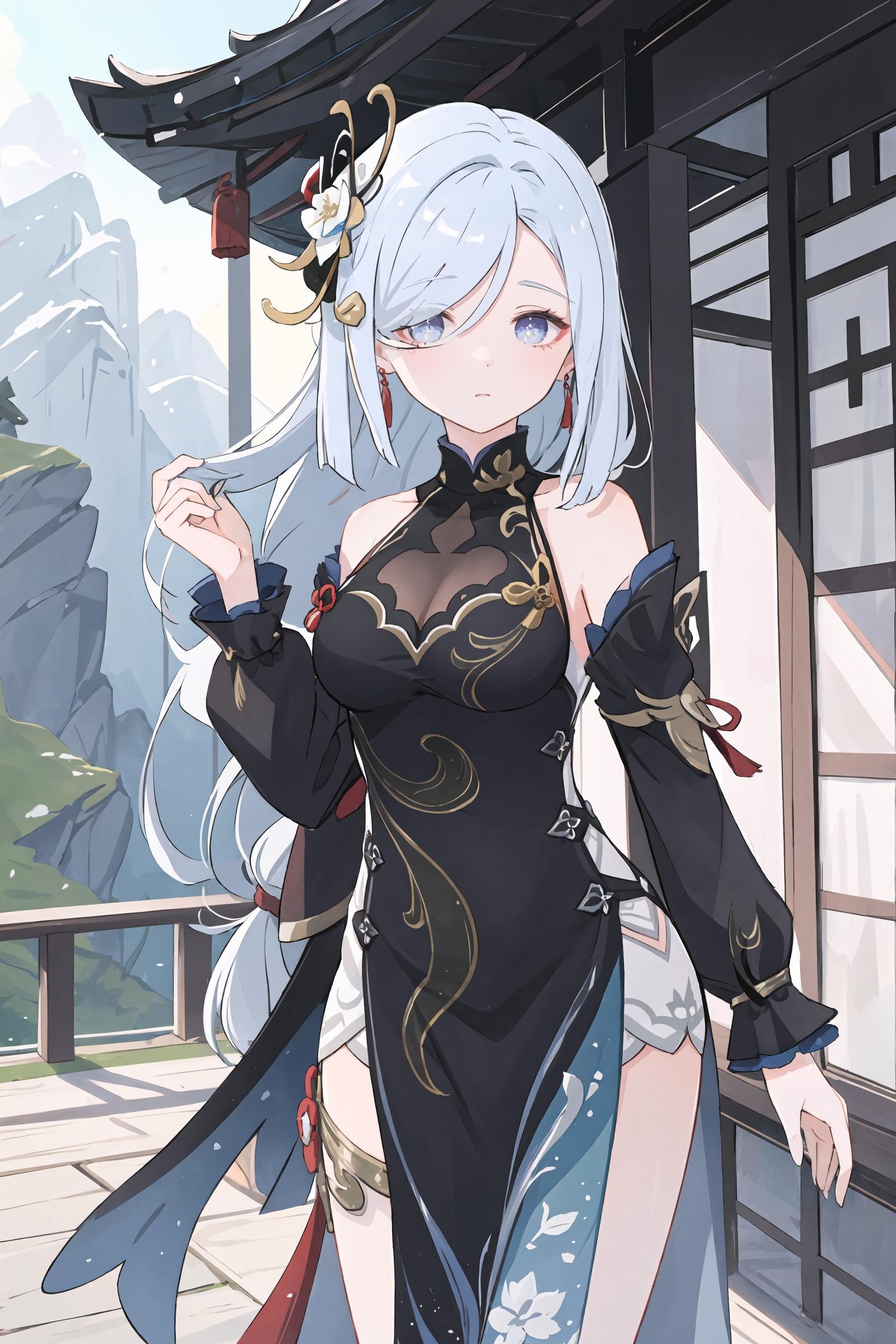 1girl, shenhe \(frostflower dew\) \(genshin impact\), solo, hair flower, black china dress, detached sleeves, low-tied long hair, thighlet, cowboy shot, standing, looking at viewer, expressionless, mountain, east asian architecture, outdoors, depth of field, masterpiece