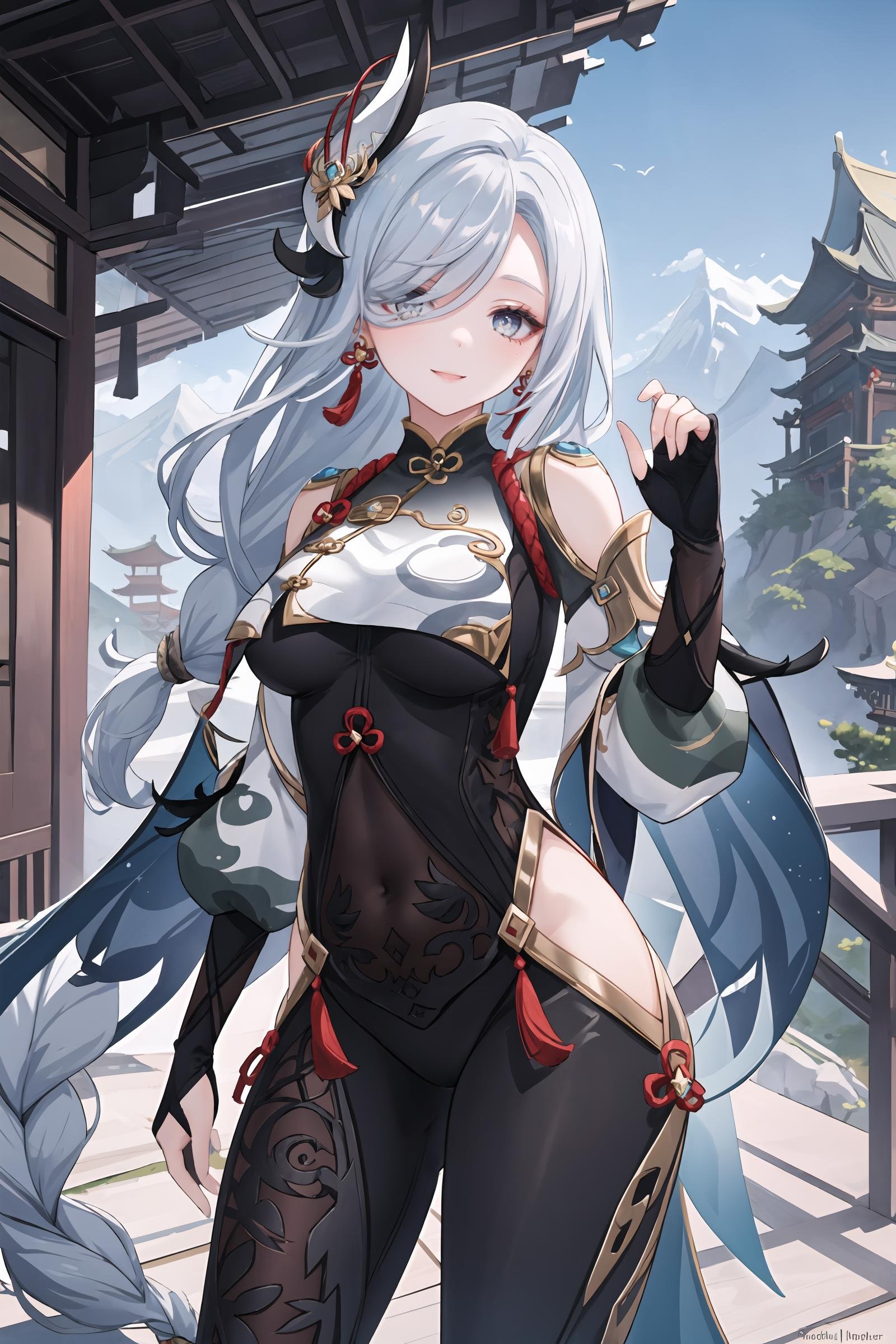 1girl, shenhe \(genshin impact\), solo, hair ornament, braid ponytail, elbow gloves, black bodysuit, tassel earrings, (breast curtain), puffy sleeves, waist cape, cowboy shot, standing, looking at viewer, smiling, mountain, east asian architecture, outdoors, depth of field, masterpiece