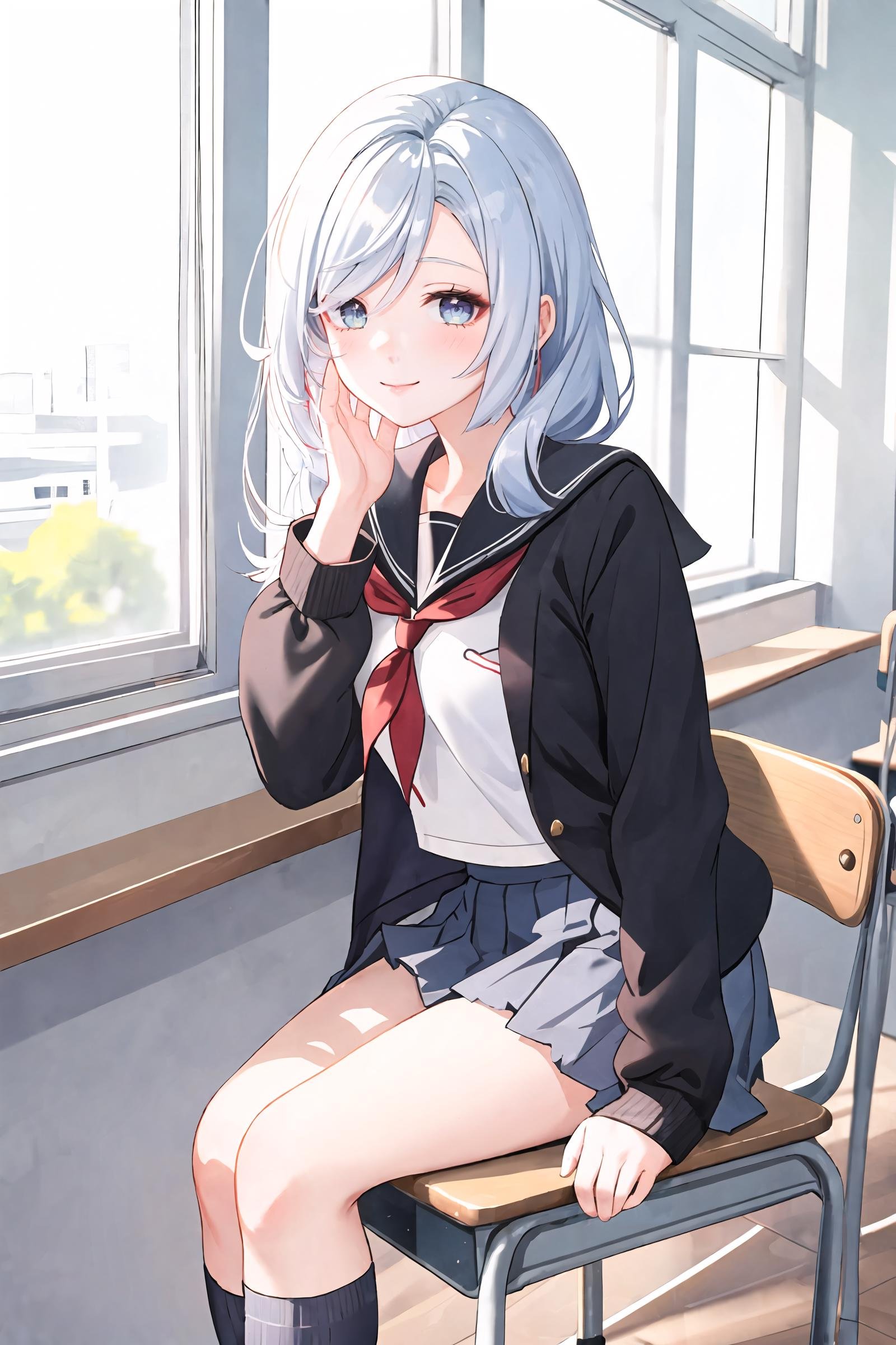 1girl, shenhe \(genshin impact\), braid ponytail, school uniform, serafuku, sitting, school desk, school chair, hand on own chin, from side, looking at viewer, light smile, blush, window, floating hair, sunbeam, depth of field, masterpiece