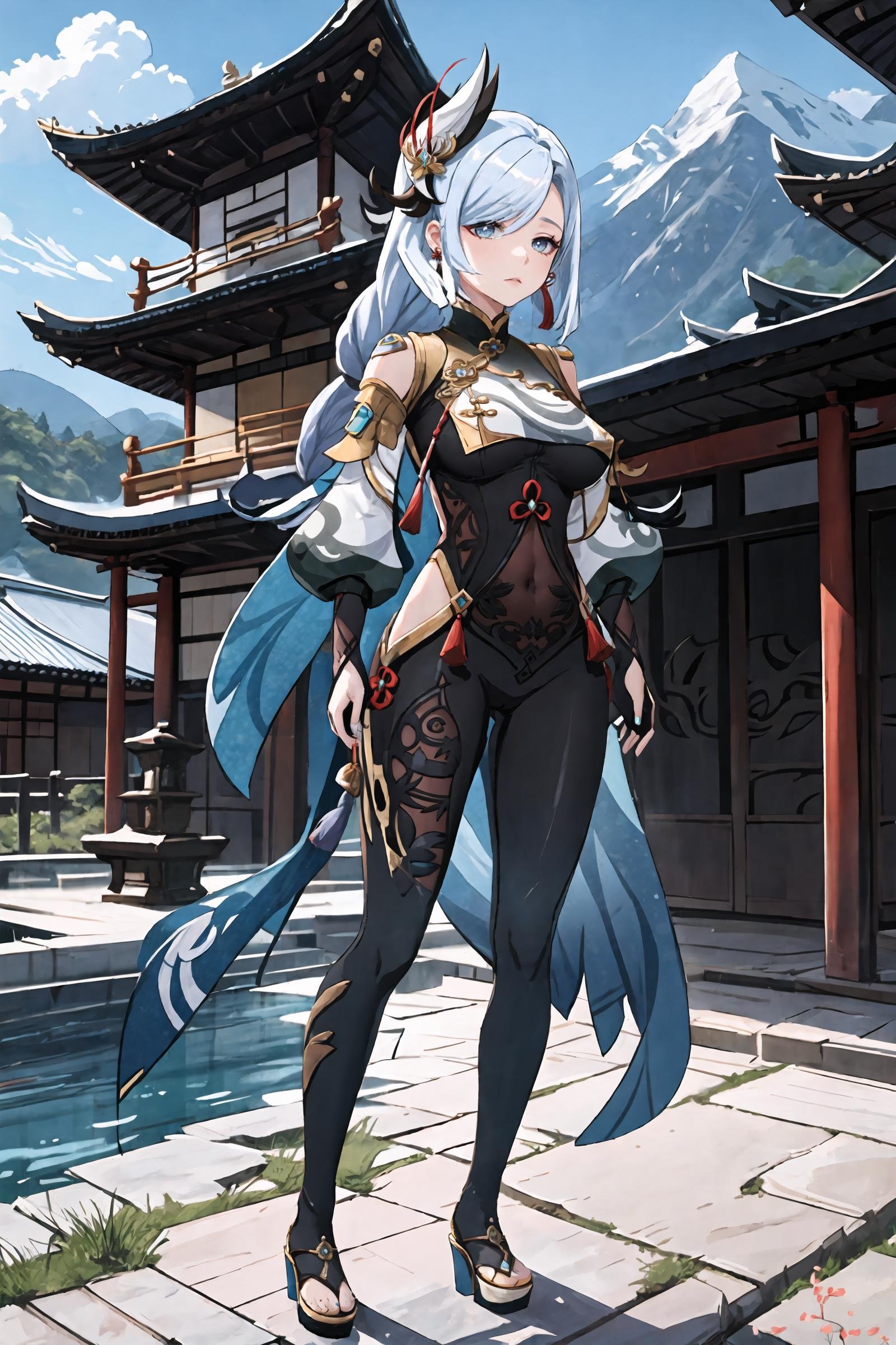 1girl, shenhe \(genshin impact\), solo, hair ornament, braid ponytail, elbow gloves, black bodysuit, tassel earrings, (breast curtain), puffy sleeves, waist cape, toeless high heels, full body, standing, looking at viewer, expressionless, mountain, east asian architecture, outdoors, depth of field, masterpiece
