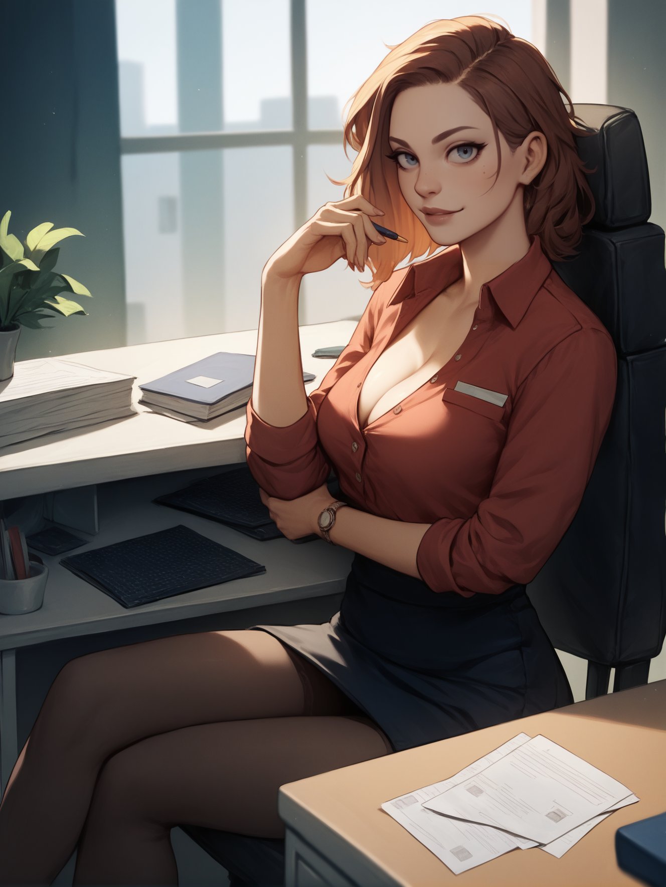 businesswoman sitting in office looking at viewer <lora:AurahackXL:1> BREAK score_9, score_8_up, score_7_up, score_6_up, score_5_up, score_4_up,