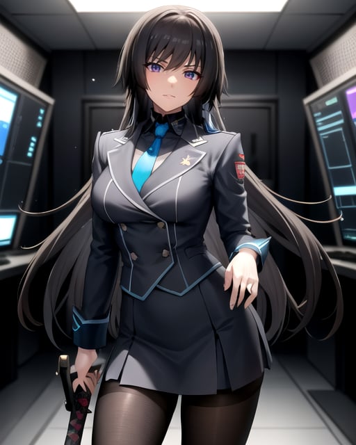 yui,(uniform, military uniform,)1girl, solo,(masterpiece,best quality),large breasts,very long hair, miniskirt, looking at viewer , katana, holding sword, black legwear,pantyhose,blue necktie,purple eyes, brown hair,  floating hair, light particles:1.5, depth of field, (HDR, UHD, 8K,best quality,masterpiece,Highly detailed,Studio lighting,ultra-fine painting,sharp focus,physically-based rendering,extreme detail description,Professional,Vivid Colors), <lora:takamura_yui:0.9>