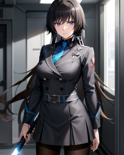 yui,(uniform, military uniform,)1girl, solo,(masterpiece,best quality),large breasts,very long hair, miniskirt, looking at viewer , katana, holding sword, black legwear,pantyhose,blue necktie,purple eyes, brown hair,  floating hair, light particles:1.5, depth of field, (HDR, UHD, 8K,best quality,masterpiece,Highly detailed,Studio lighting,ultra-fine painting,sharp focus,physically-based rendering,extreme detail description,Professional,Vivid Colors), <lora:takamura_yui:0.9>