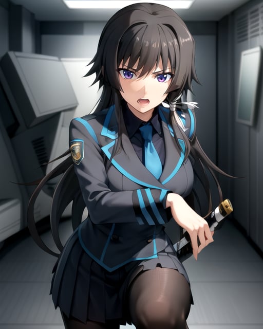 yui,(uniform, military uniform,)1girl, solo,(masterpiece,best quality),large breasts,very long hair, miniskirt, looking at viewer , <lora:takamura_yui:1>, katana, holding sword, black legwear,pantyhose,blue necktie,purple eyes, brown hair,  floating hair, light particles:1.5, depth of field, white hairband, fighting stance,(HDR, UHD, 8K,best quality,masterpiece,Highly detailed,Studio lighting,ultra-fine painting,sharp focus,physically-based rendering,extreme detail description,Professional,Vivid Colors),disdain, disgust, troubled eyebrows,from below, aiming at viewer, pov hands, open mouth, talking,