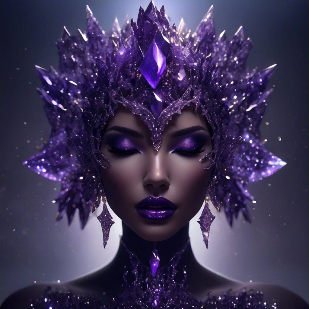 (masterpiece, best quality, ultra-detailed:1.2), cosmos goddess, seductive stare, sexy ombre lips, perfect curves, (purple:1.1), (deep subsurface photorealism decadent crystals shards), masquerade and headpiece, (celestial background:1.2)