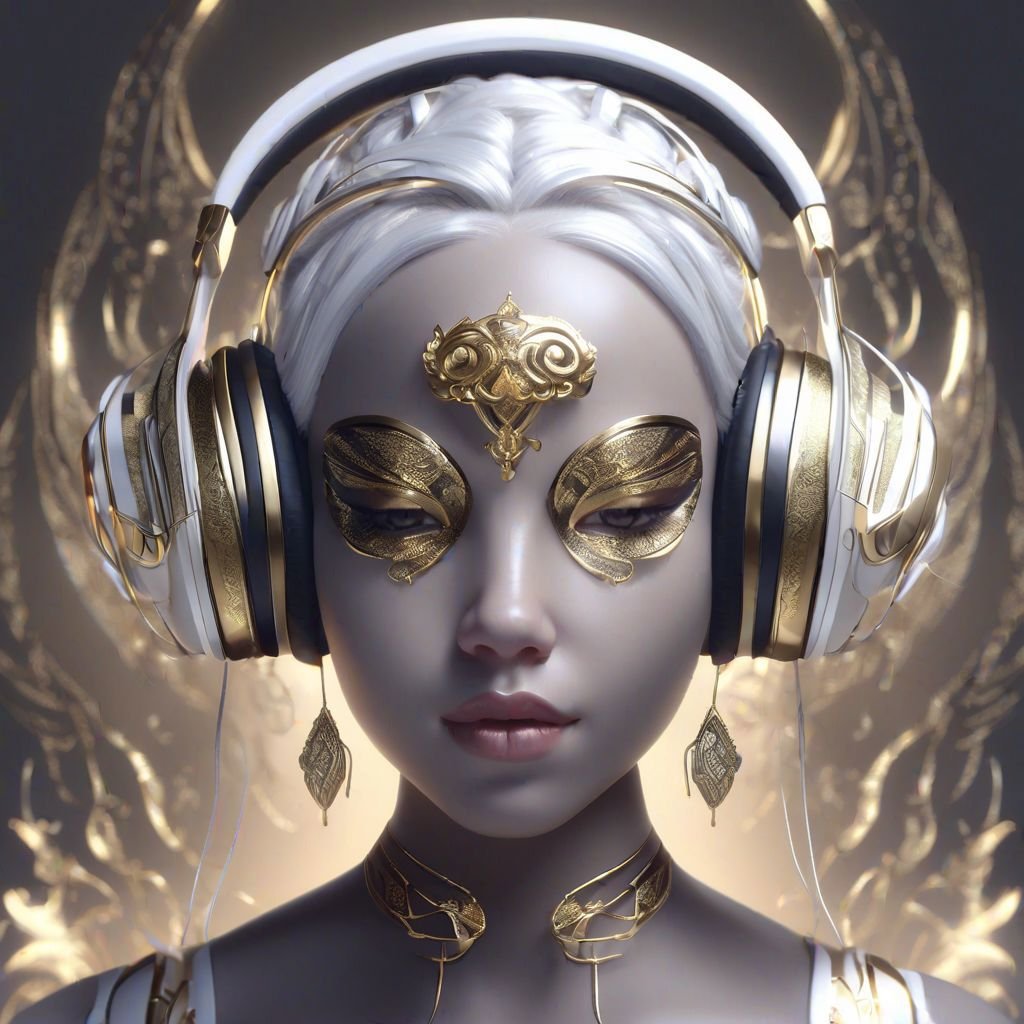 (masterpiece, best quality, ultra-detailed:1.2), 1girl, white hair, perfect curves, with headphones and a mask on her face is wearing headphones and a gold headband