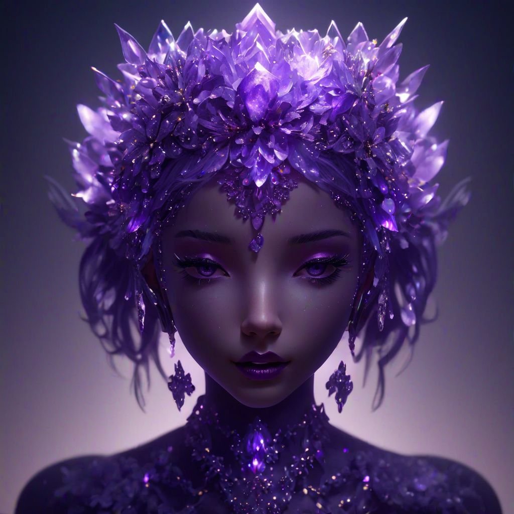 (masterpiece, best quality, ultra-detailed:1.2), 1girl, purple hair, perfect curves, purple flowers in hair, makeup, purple headpiece and a purple light shining on her face and her eyes are covered in crystals