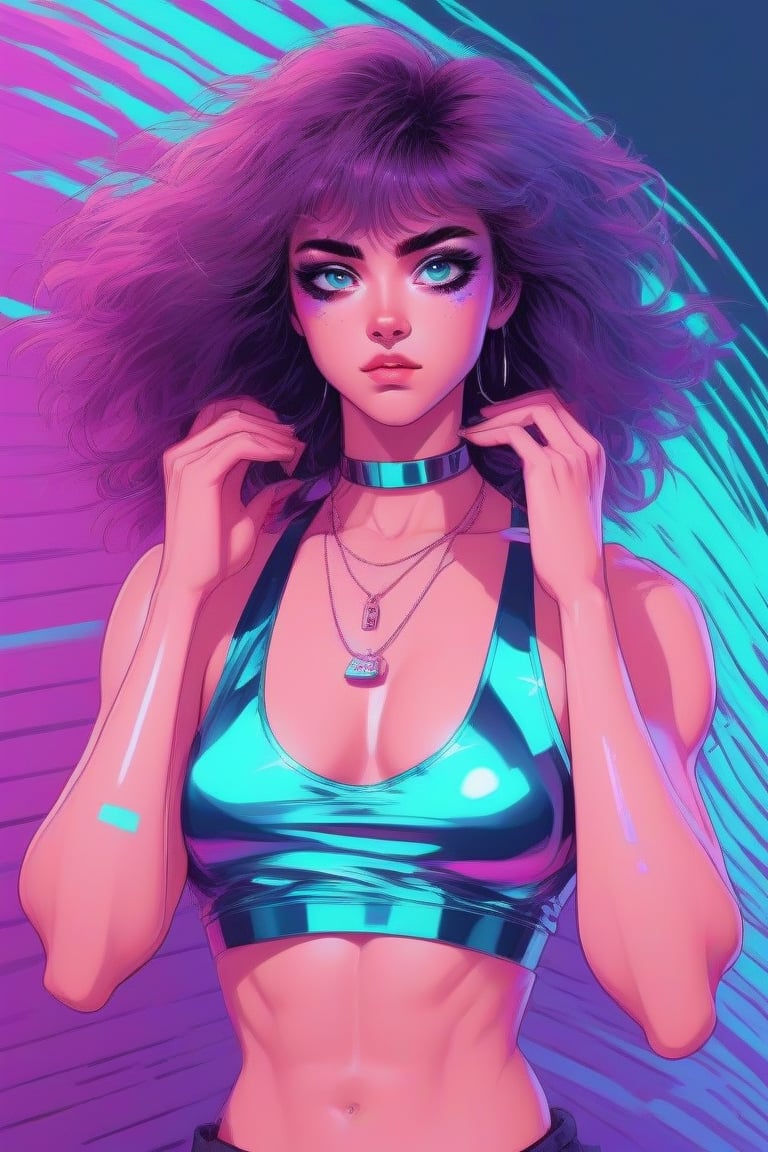 feminine,hairy, pectoral_muscles,eyes shoot, vaporwave color palette,shiny