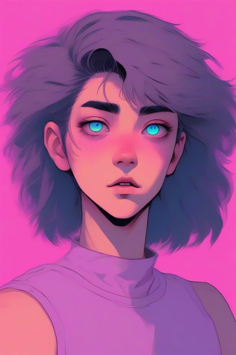 Genderless, hairy, flat_chest,eyes shoot, vaporwave color palette