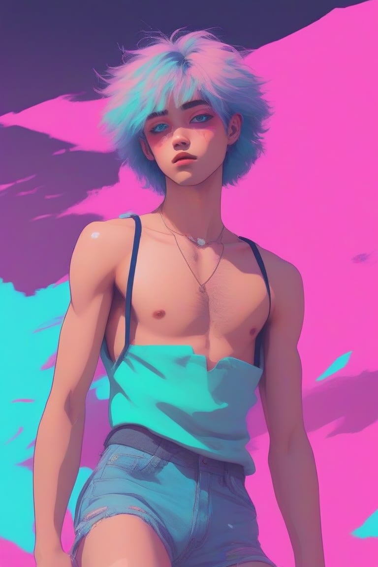 Genderless, hairy, flat_chest,eyes shoot, vaporwave color palette