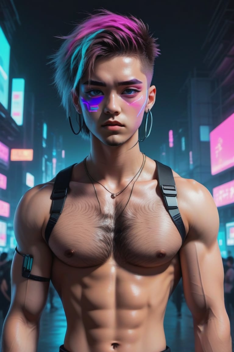 Genderless, hairy,pectoral_muscles,eyes shoot, vaporwave color palette,cyberpunk 