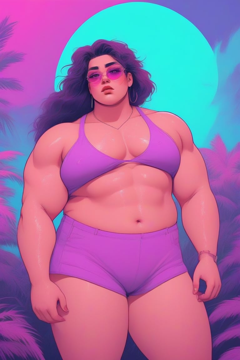 Genderless, bbw,hairy, pectoral_muscles,eyes shoot, vaporwave color palette