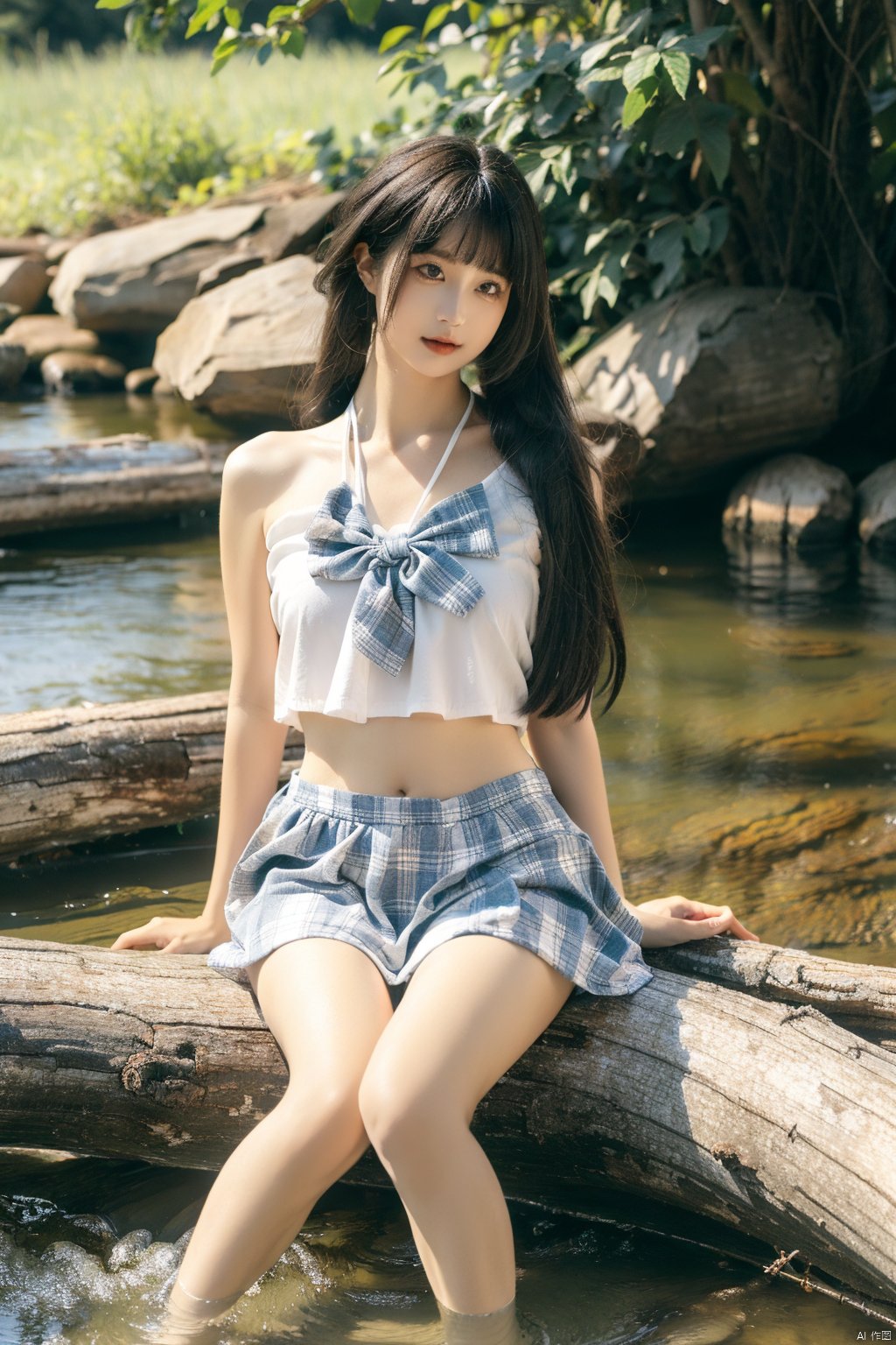  1girl, pale skin,black hair,long_hair,outdoors,sitting, bridge,river,full_body, miniJK,plaid,bare belly