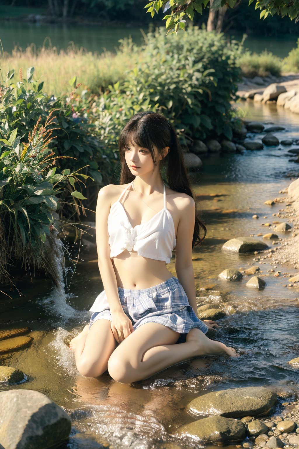  1girl, pale skin,black hair,long_hair,outdoors,sitting, bridge,river,full_body, miniJK,plaid,bare belly