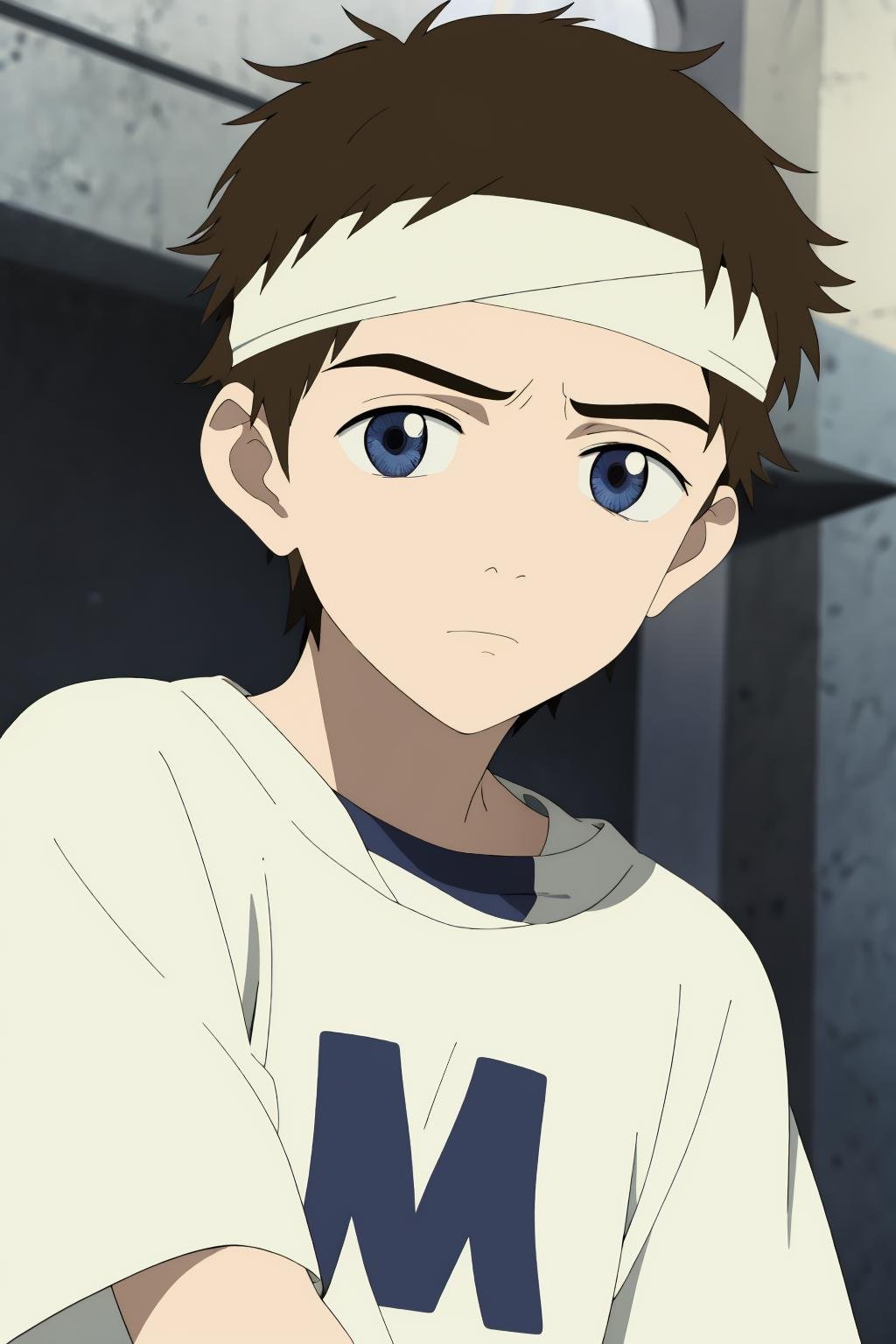 ((best quality)),((highly detailed)),masterpiece,absurdres,detailed face,beautiful face,(detailed eyes, deep eyes),1boy,((dynamic pose)) , <lora:NaotaV1:0.8>naota, brown hair, solo, looking at viewer, blue eyes, shirt, headband, sportswear, upper body, short hair, male child, white shirt, short sleeves, white headband, closed mouth, t-shirt, child, frown, expressionless