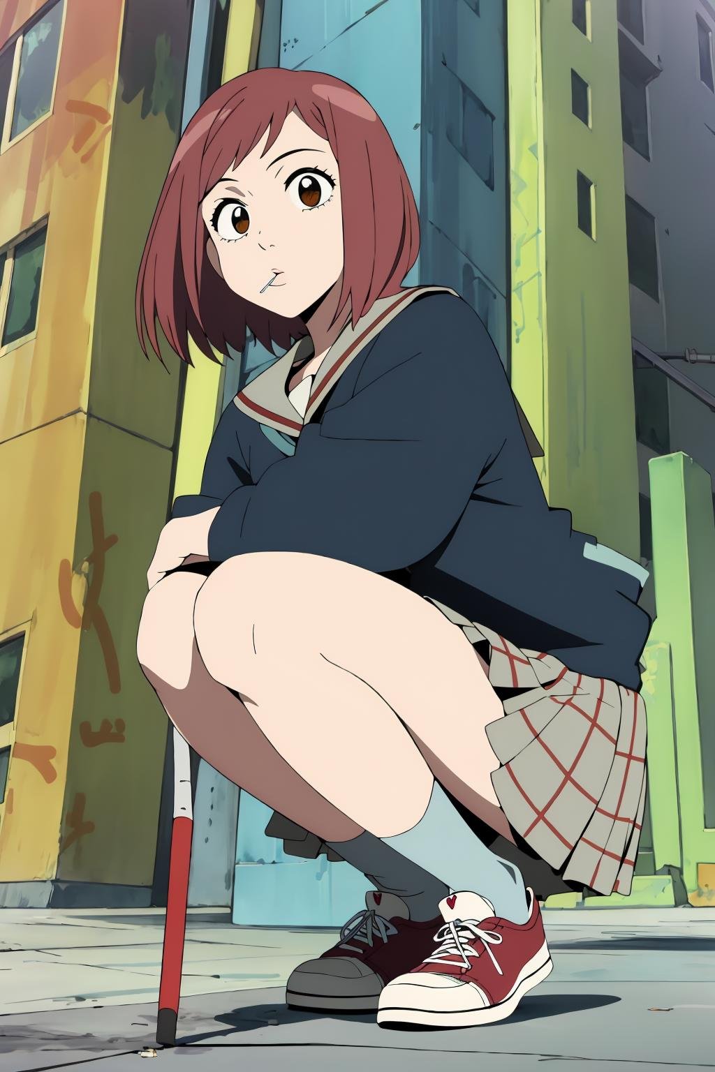 ((best quality)),((highly detailed)),masterpiece,absurdres,detailed face,beautiful face,(detailed eyes, deep eyes),1girl,((dynamic pose)) , <lora:MamimiV1:0.8>mamimi, red hair, brown eyes, short hair, bangs, medium hair,solo,school uniform, sneakers, squatting, smoking cigarette, on city street, gritty pavement, distant city lights, curling smoke, graffiti-adorned walls, neon signs flickering