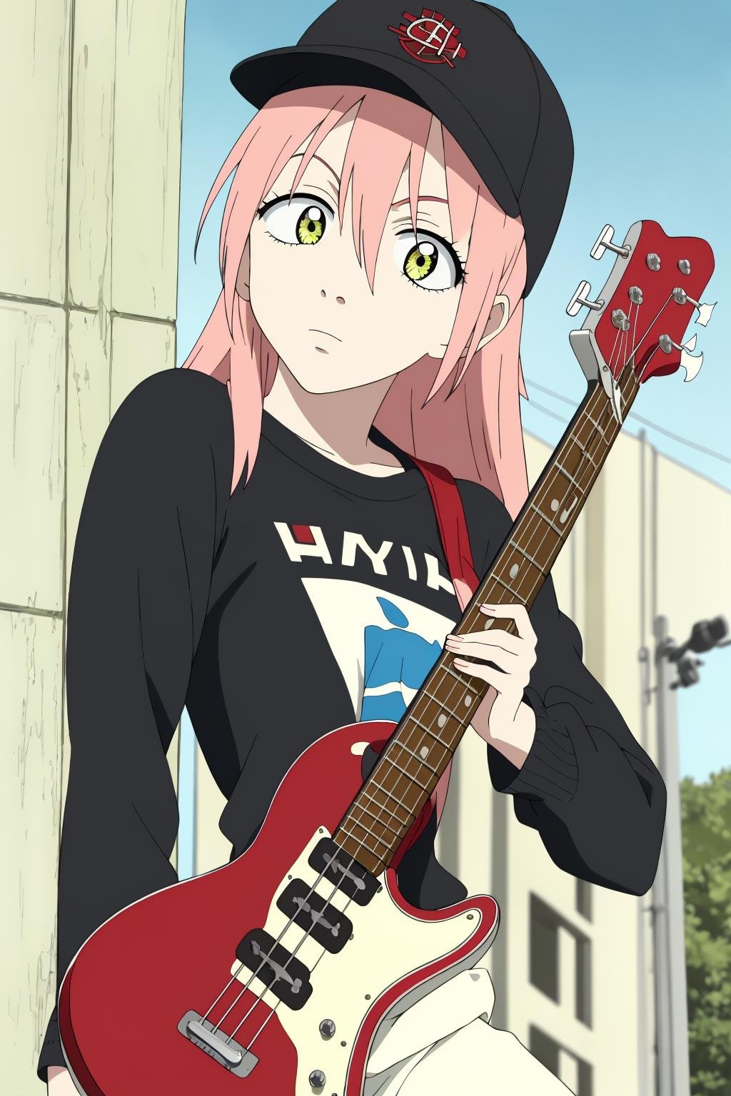 ((best quality)),((highly detailed)),masterpiece,absurdres,detailed face,beautiful face,(detailed eyes, deep eyes),1girl,((dynamic pose)) ,   <lora:HarukoV1:0.8>,haruko, solo, instrument, hat, guitar, shorts, pink hair, outdoors, electric guitar, bass guitar, long hair, sky, long sleeves, looking at viewer, standing, shirt, yellow eyes