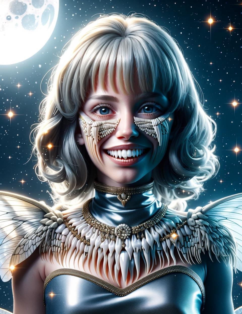 DonMT33th, A photorealistic image of a kind and gentle tooth fairy, with sparkling wings and a warm smile. She is holding a tiny tooth in her hand, and her dress is adorned with teeth shimmering in moonlight. nice perfect hands <lora:DonMT33th:1.0>