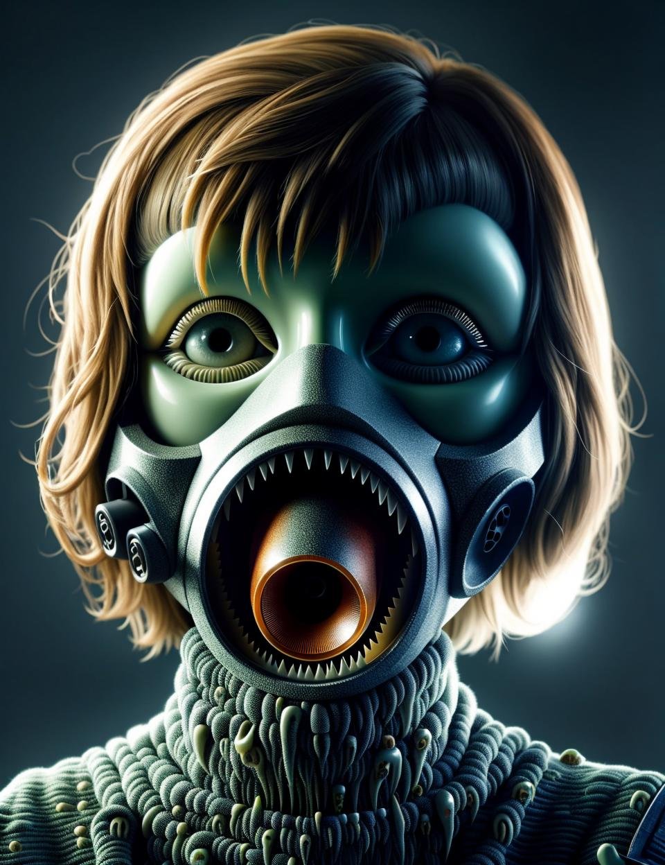 masterpiece, awesome quality, hyper detailed, DonMT33thXL, female gas mask zombie, digital detective,, disruptor, <lora:DonMT33th:1>