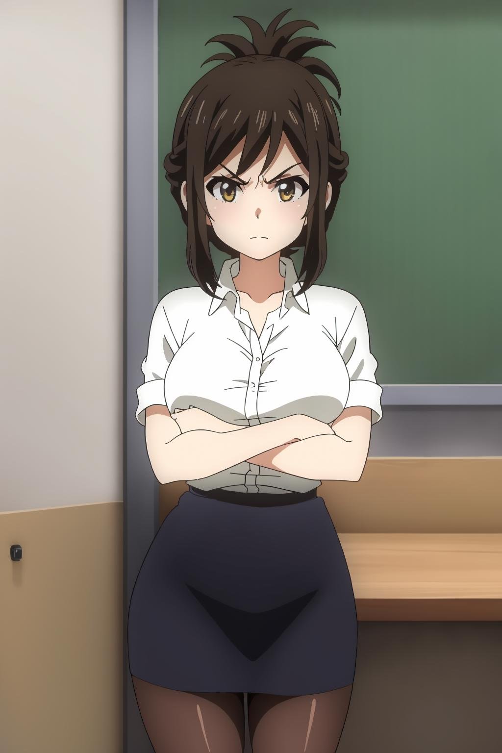 ((best quality)),((highly detailed)),masterpiece,absurdres,detailed face,beautiful face,(detailed eyes, deep eyes),1girl,((dynamic pose)) , <lora:KanaV1:0.8>Kana, brown hair, skirt, pantyhose, pencil skirt, frown, brown eyes, shirt, white shirt, black skirt, breasts, indoors, solo, short sleeves, sidelocks, bangs, v-shaped eyebrows, office lady, folded ponytail, large breasts, standing, medium breasts, short hair, collared shirt, long hair, sleeves rolled up, dress shirt, collarbone, ponytail, looking at viewer, arms crossed