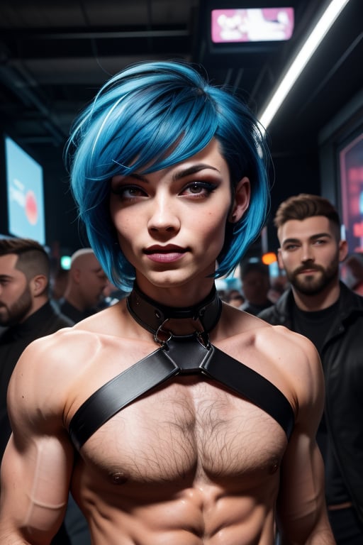 female focus, genderless, small breasts, muscular,hairy armpits, hairy chest, pubic hair, androgynous, cyberpunk, sleek polished hairstyles, harness,straps, short pale blue hair, posing in public with diverse excited men looking at her in the background,genderless, perfect face, perfect eyes,Genderless