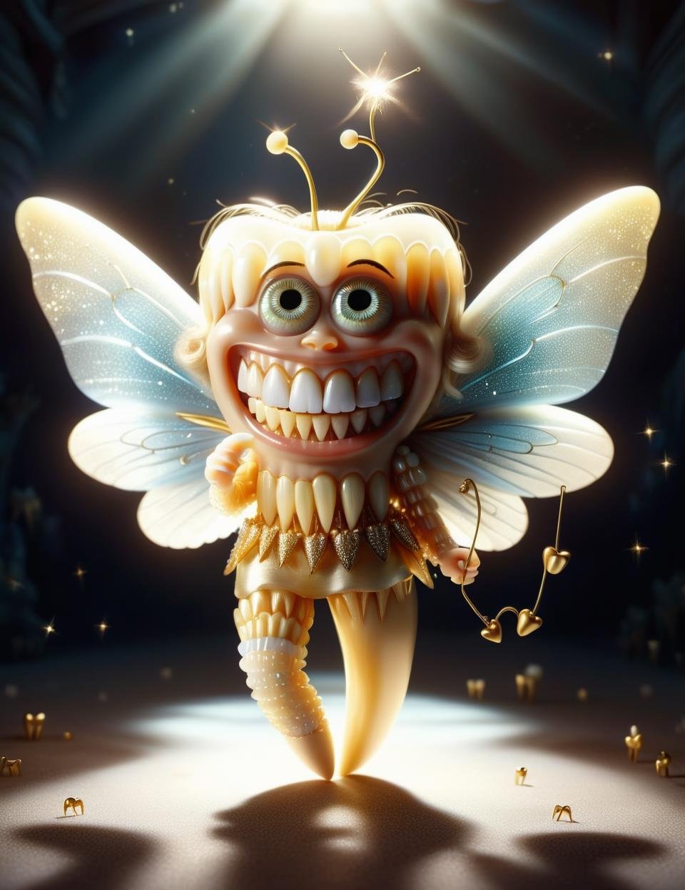 DonMT33thXL, A pixar style portrait of a kind and gentle tooth fairy, with sparkling wings and a warm smile. She is holding a tiny golden tooth in her hand, and her dress is adorned with teeth shimmering in moonlight., <lora:DonMT33thXL:1> 