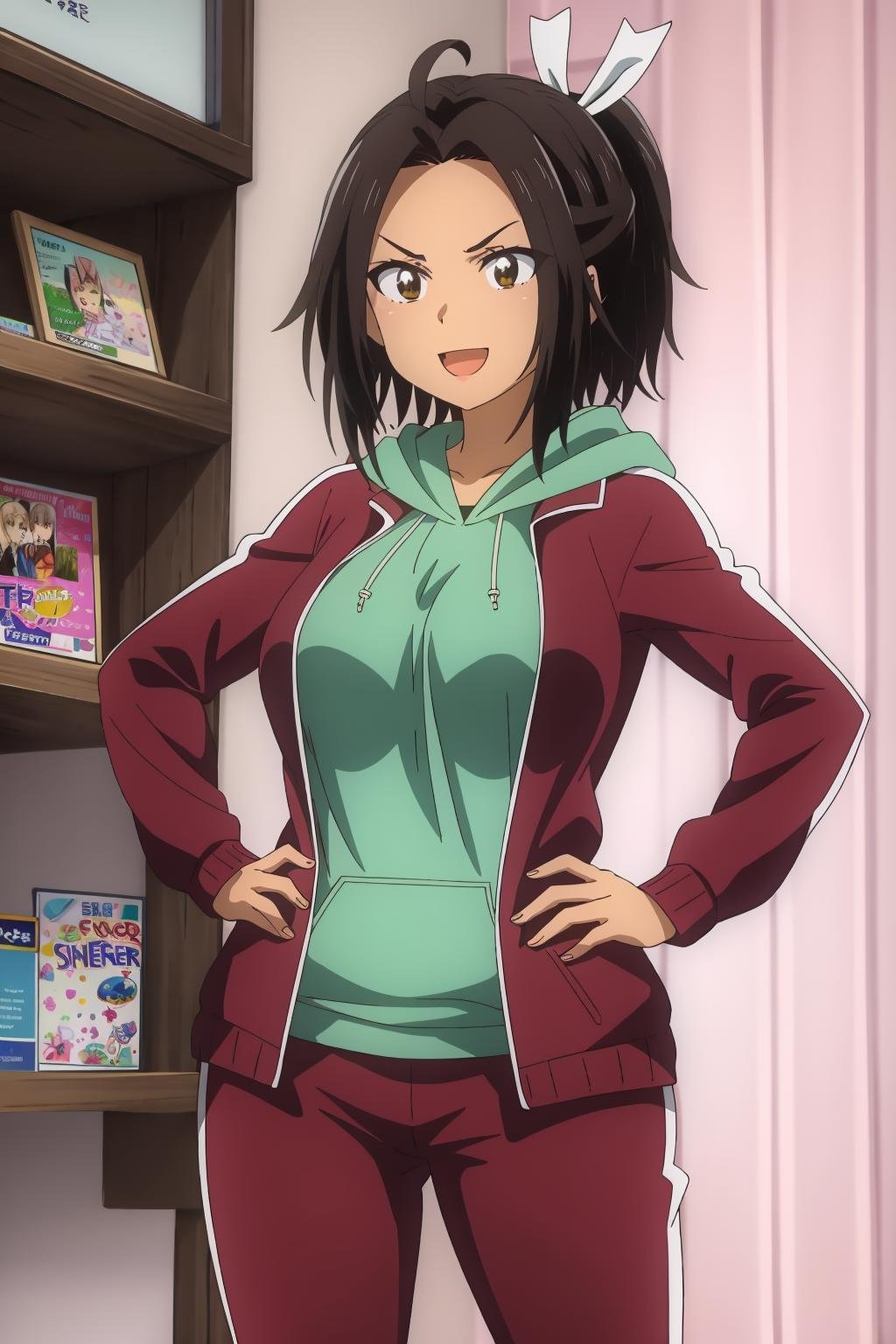 ((best quality)),((highly detailed)),masterpiece,absurdres,detailed face,beautiful face,(detailed eyes, deep eyes),1girl,((dynamic pose)) ,<lora:HikariV1:0.8>Hikari, brown hair, open mouth, hood, brown eyes, jacket, hoodie, smile, indoors, dark skin, pants, breasts, dark-skinned female, hair ribbon, ribbon, solo focus, red pants, white ribbon, :d, v-shaped eyebrows, short hair, track pants, open clothes, large breasts, open jacket, ahoge, solo, track jacket, long sleeves, looking at viewer, hood down, standing, medium breasts, shirt, track suit, ponytail, red jacket