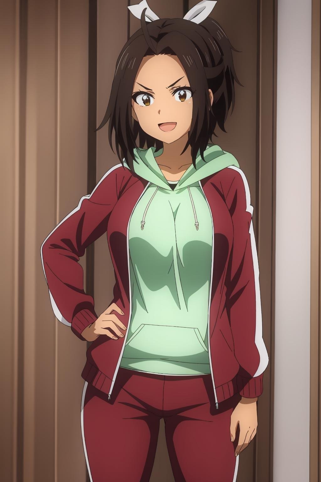 ((best quality)),((highly detailed)),masterpiece,absurdres,detailed face,beautiful face,(detailed eyes, deep eyes),1girl,((dynamic pose)) ,<lora:HikariV1:0.8>Hikari, brown hair, open mouth, hood, brown eyes, jacket, hoodie, smile, indoors, dark skin, pants, breasts, dark-skinned female, hair ribbon, ribbon, solo focus, red pants, white ribbon, :d, v-shaped eyebrows, short hair, track pants, open clothes, large breasts, open jacket, ahoge, solo, track jacket, long sleeves, looking at viewer, hood down, standing, medium breasts, shirt, track suit, ponytail, red jacket