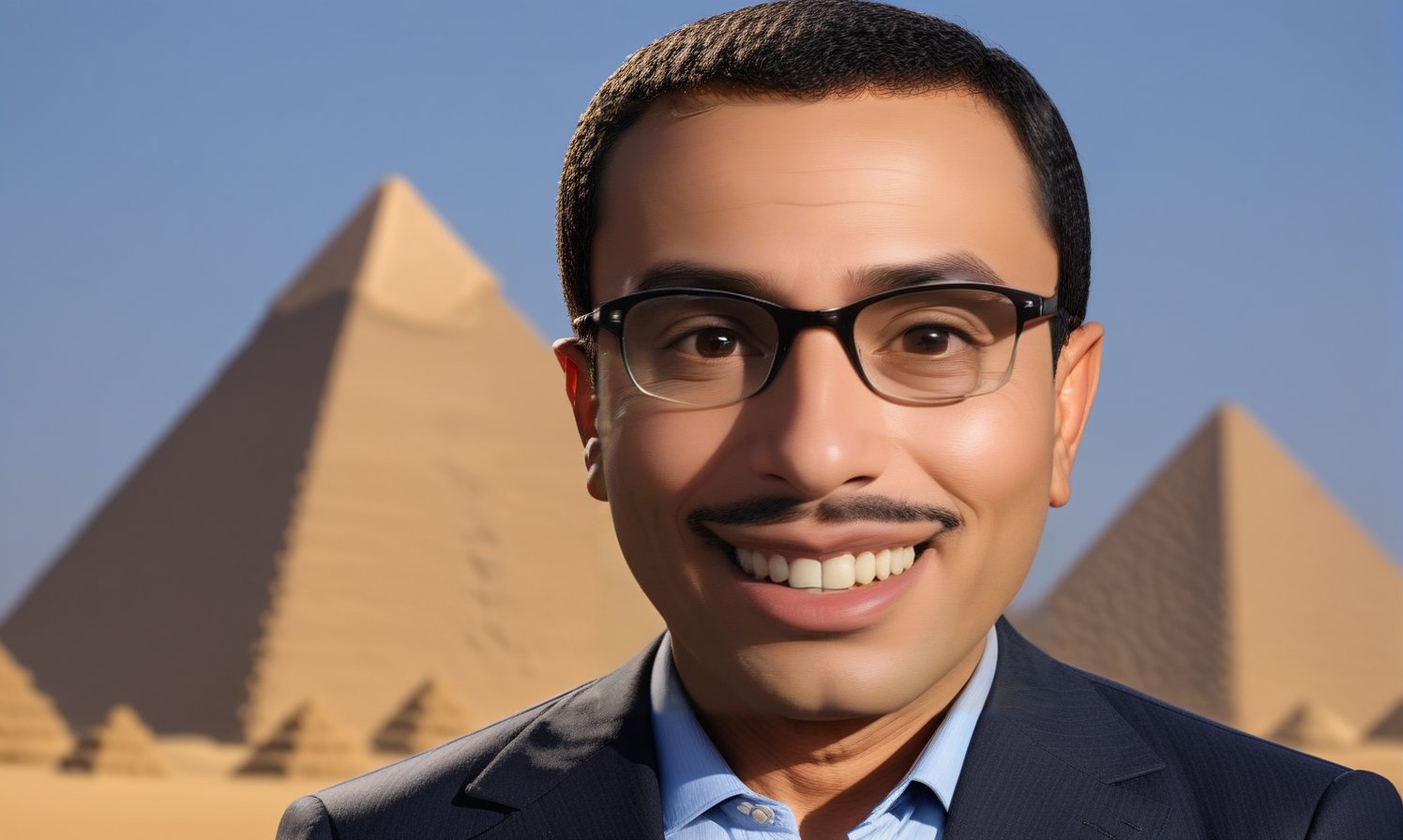 comedy actor, Arabic Egyptian male actor, ((60 years old)), happy, smiling, big eyes, color burst background, pyramids ,chibi,,