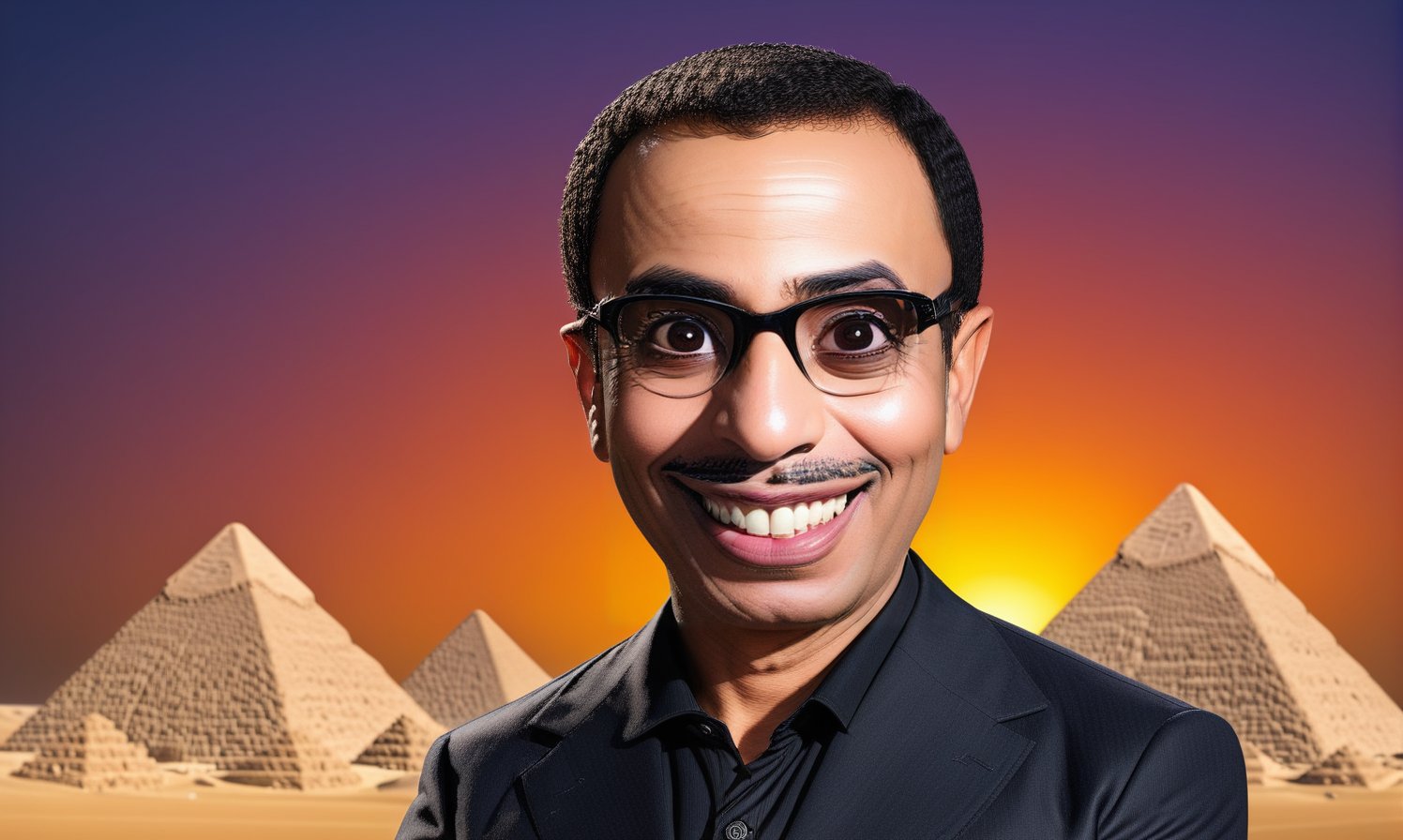 comedy actor, Arabic Egyptian male actor, ((60 years old:1.2)), happy, smiling, big eyes, color burst background, pyramids ,chibi,,,<lora:659095807385103906:1.0>