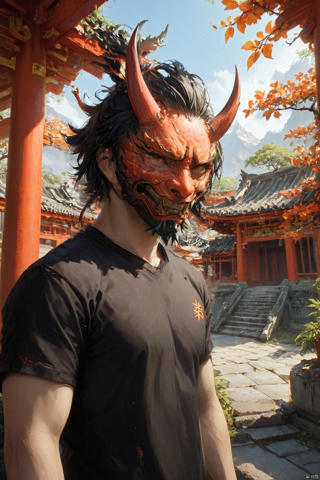 Cinematic shot of a beautiful male with black hair, wearing a orange Chinese oni mask, tree temple in background, HD, masterpiece, best quality, hyper detailed, ultra detailed, super realistic, Oni mask