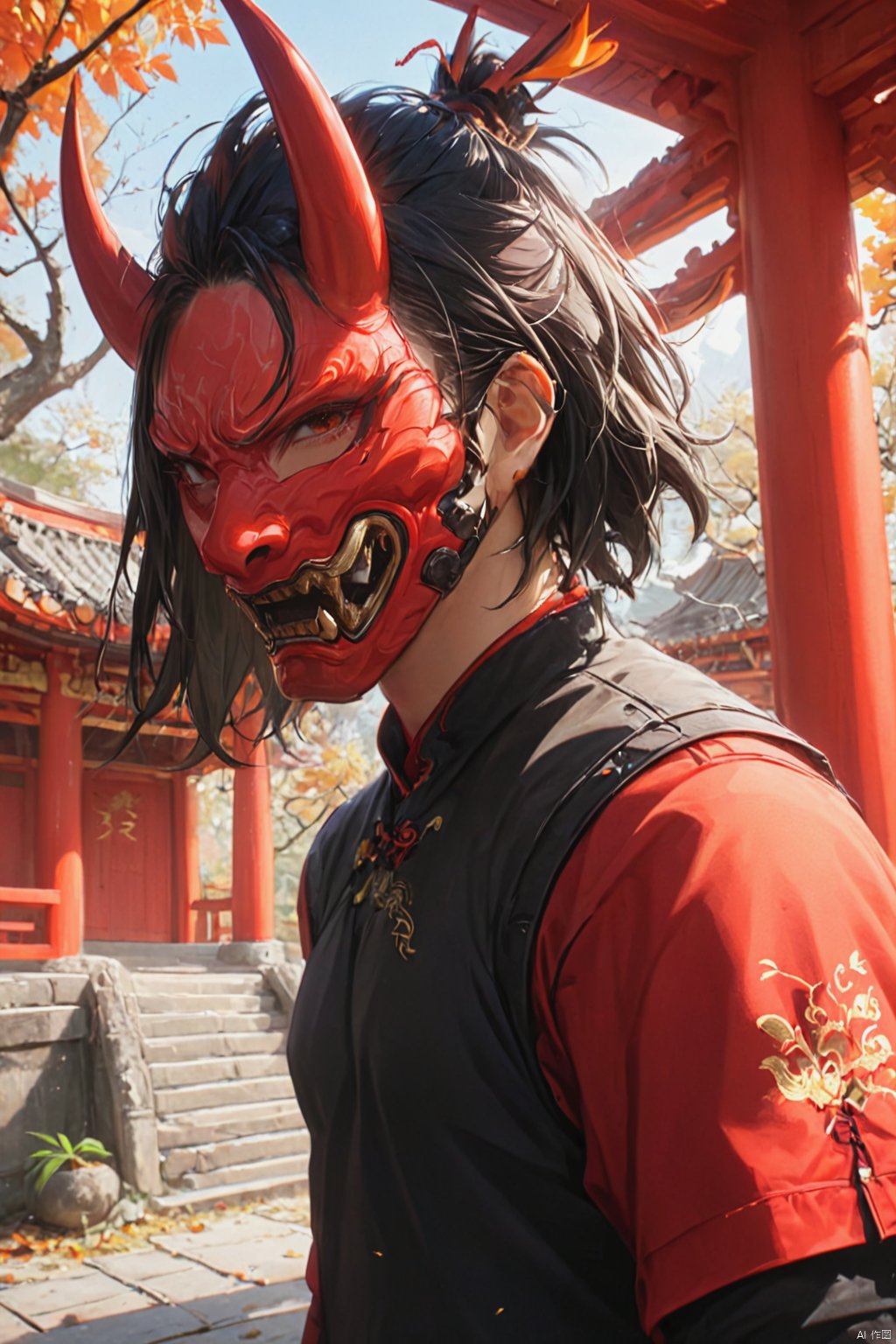 Cinematic shot of a beautiful male with black hair, wearing a orange Chinese oni mask, tree temple in background, HD, masterpiece, best quality, hyper detailed, ultra detailed, super realistic, Oni mask