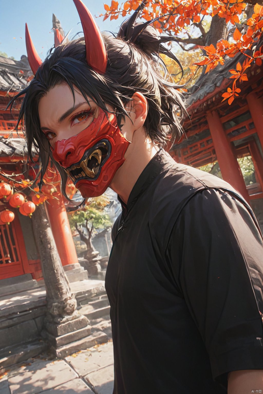 Cinematic shot of a beautiful male with black hair, wearing a orange Chinese oni mask, tree temple in background, HD, masterpiece, best quality, hyper detailed, ultra detailed, super realistic, Oni mask