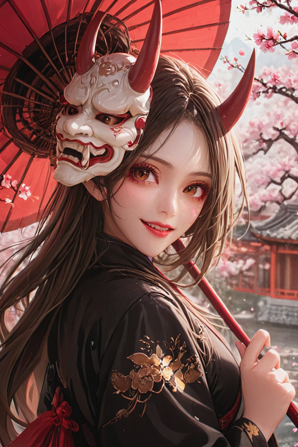 Cinematic shot of a beautiful woman with long hair, wearing an Chinese oni mask, holding an Chinese umbrella, sakura flowers and trees in background, HD, masterpiece, best quality, hyper detailed, ultra detailed, super realistic, Oni mask, Fangs out