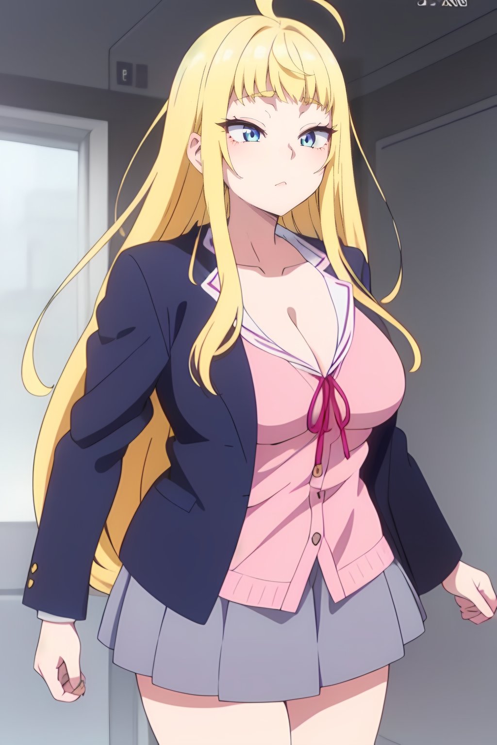 <lora:Minami Fuyuki :0.7> minami fuyuki,  long_hair, blue_eyes, bangs, blonde_hair, ahoge, 1 girl, solo, blush, large_breasts,           shirt, ribbon, cleavage, collarbone, jacket, neck_ribbon,  pink_shirt, cowboy shot, grey_skirt, best_quality, highres, extremely_detailed, anime perfect detailed style, 8k, masterpiece, anime art style, anime coloring,