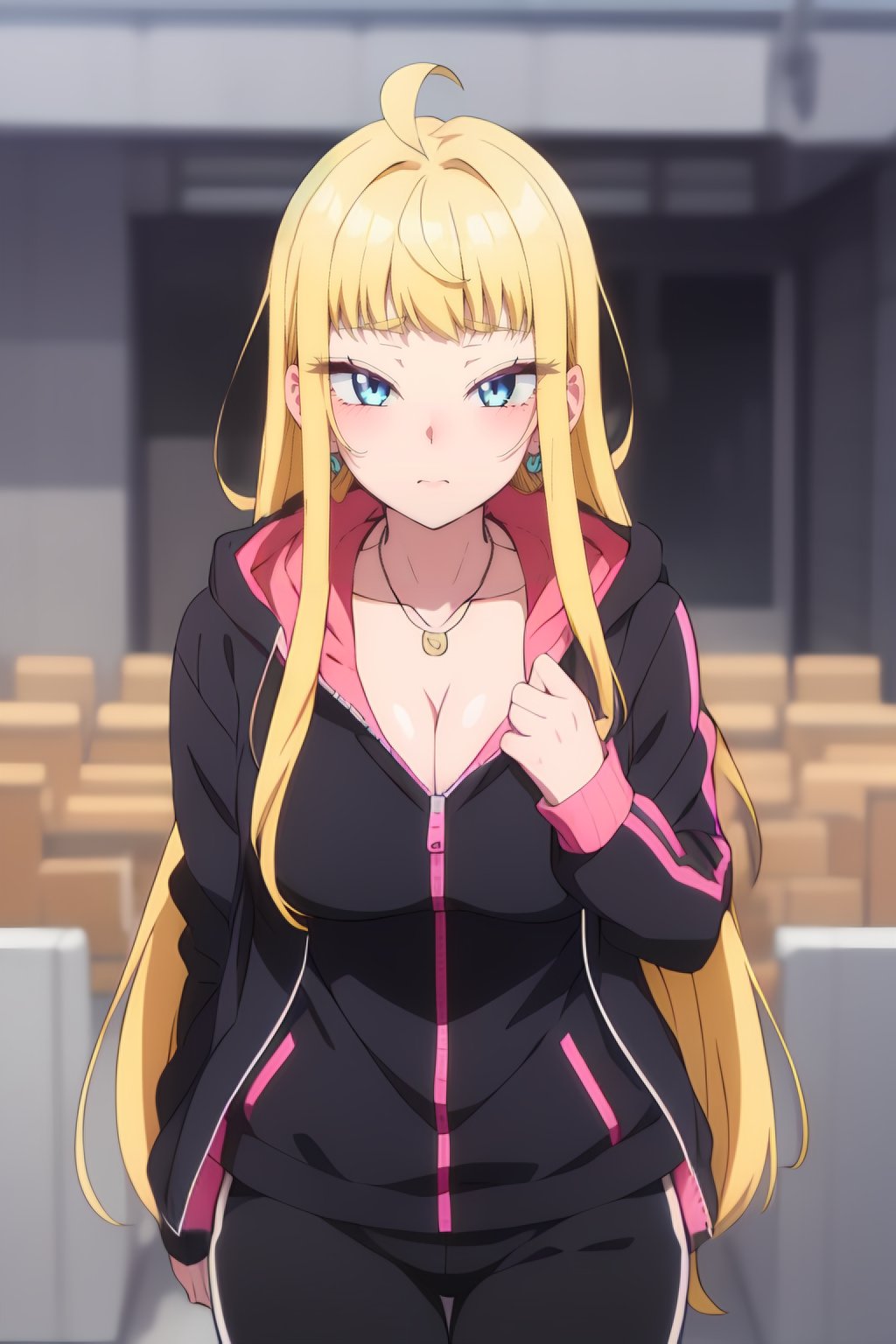 <lora:Minami Fuyuki :0.7>  minami fuyuki,  long_hair, blue_eyes, bangs, blonde_hair, ahoge, 1 girl, solo, blush, large_breasts,   cleavage,  jewelry, collarbone, jacket, earrings, track_pants, heart_necklace, hood,  black_jacket, hoodie, black_pants n looking at viewer, best_quality, highres, extremely_detailed, anime perfect detailed style, 8k, masterpiece, anime art style, anime coloring,