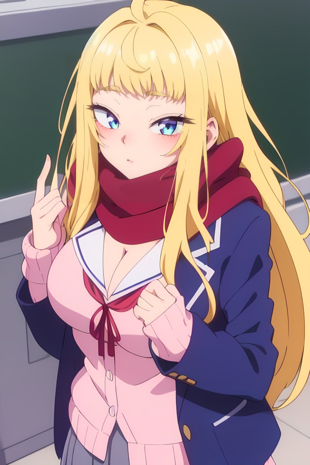 <lora:Minami Fuyuki :0.7> minami fuyuki,  long_hair, blue_eyes, bangs, blonde_hair, ahoge, 1 girl, solo, blush, large_breasts,       looking at viewer,  cleavage,school uniform,scarf,red scarf,blue jacket,open clothes,long sleeves,neck ribbon,pink cardigan,shirt,grey skirt,, best_quality, highres, extremely_detailed, anime perfect detailed style, 8k, masterpiece, anime art style, anime coloring,