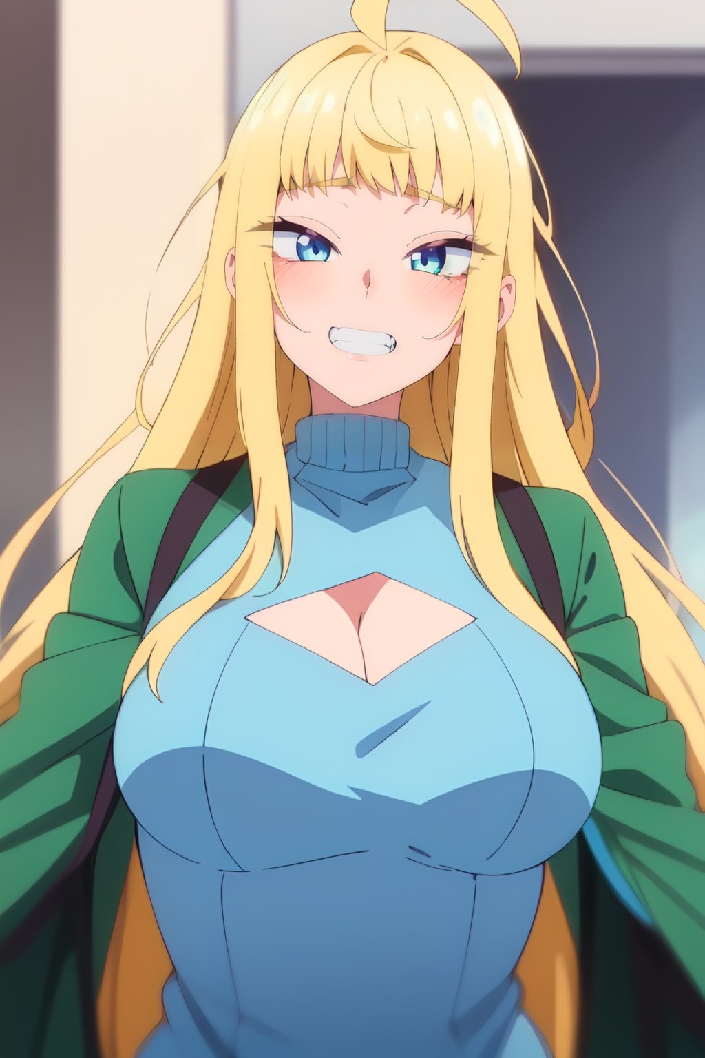 <lora:Minami Fuyuki :0.7> minami fuyuki,  long_hair, blue_eyes, bangs, blonde_hair, ahoge, 1 girl, solo, blush, large_breasts,     cleavage,green_ jacket,  , clothing_cutout, cleavage_cutout , turtleneck, blue_sweater, grin, best_quality, highres, extremely_detailed, anime perfect detailed style, 8k, masterpiece, anime art style, anime coloring,