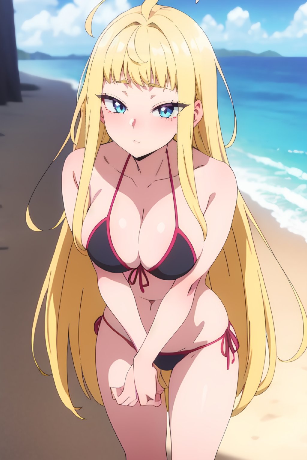 <lora:Minami Fuyuki :0.7>  minami fuyuki,  long_hair, blue_eyes, bangs, blonde_hair, ahoge, 1 girl, solo, blush, large_breasts,  bikini, beach, looking at viewer, standing, best_quality, highres, extremely_detailed, anime perfect detailed style, 8k, masterpiece, anime art style, anime coloring,