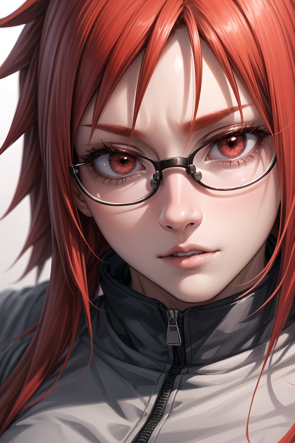 (Masterpiece, highly detailed, best quality), 1girl, solo, karin uzumaki, red hairs, red eyes, glasses,Naruto,Karin_Uzumaki,Karin uzumaki,karin,red hairs<lora:EMS-308205-EMS:0.800000>, <lora:EMS-179-EMS:0.400000>