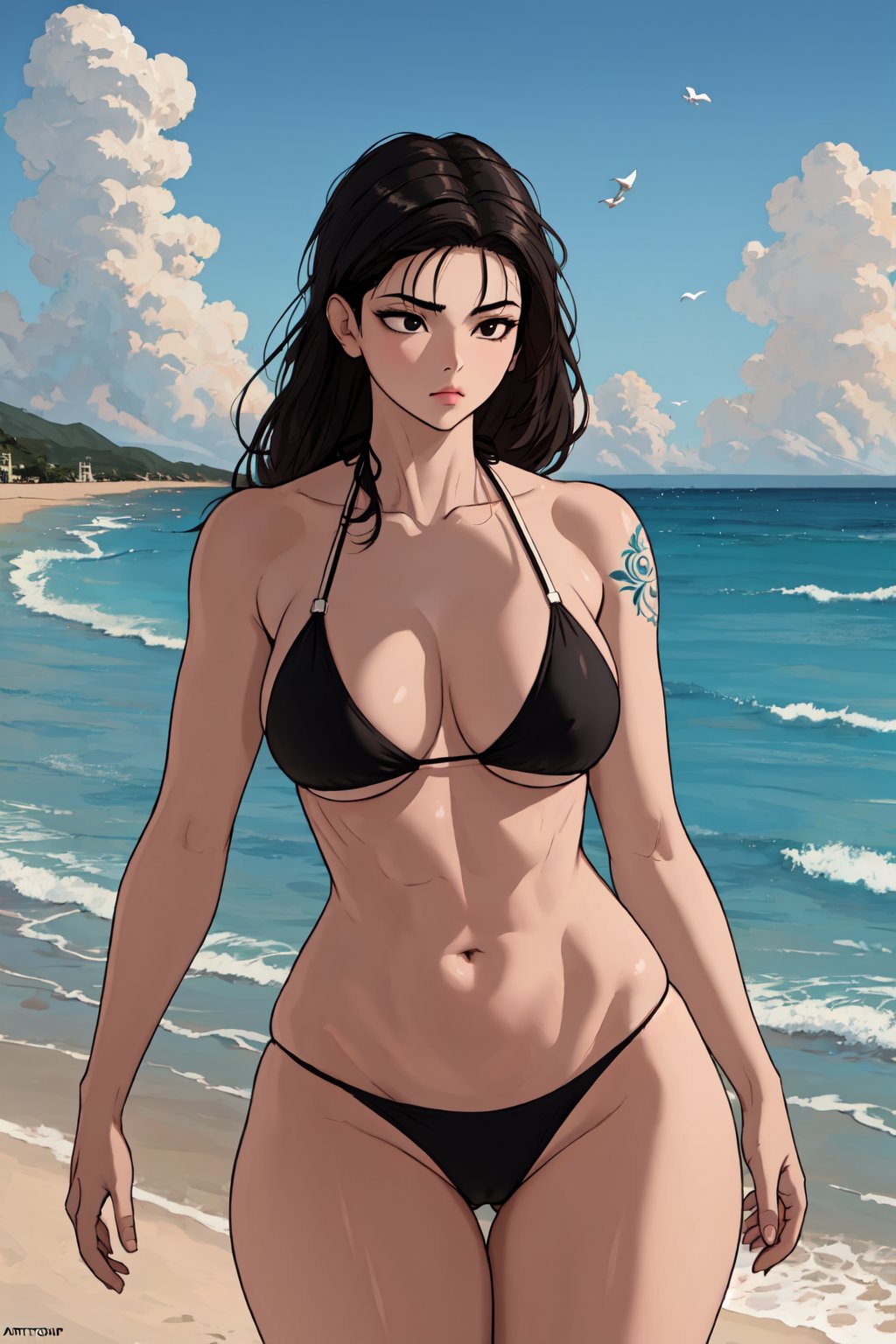 masterpiece,  best quality,  highly detailed background,  perfect lighting,  best quality,  (extremely detailed face),  volumetric lighting,  intricate details,  shadow,  tonemapping,  sharp focus,  hyper detailed,  trending on Artstation,  (solo)
BREAK
(1girl,  arm tatoo, black hair,  straight hair,  hair down,  black eyes,  long hair,  wide hips,  curvy_figure,  thick-thighs,  curvy,  curvy_hips,  slender_waist,  lips, muscular female, collarbones) (betterhands)
BREAK
(bikini, black bikini)
BREAK
(outdoors, beach, sand, ocean, birds, clouds, sky background)
BREAK
(Standing, looking away, o3o, closed mouth)