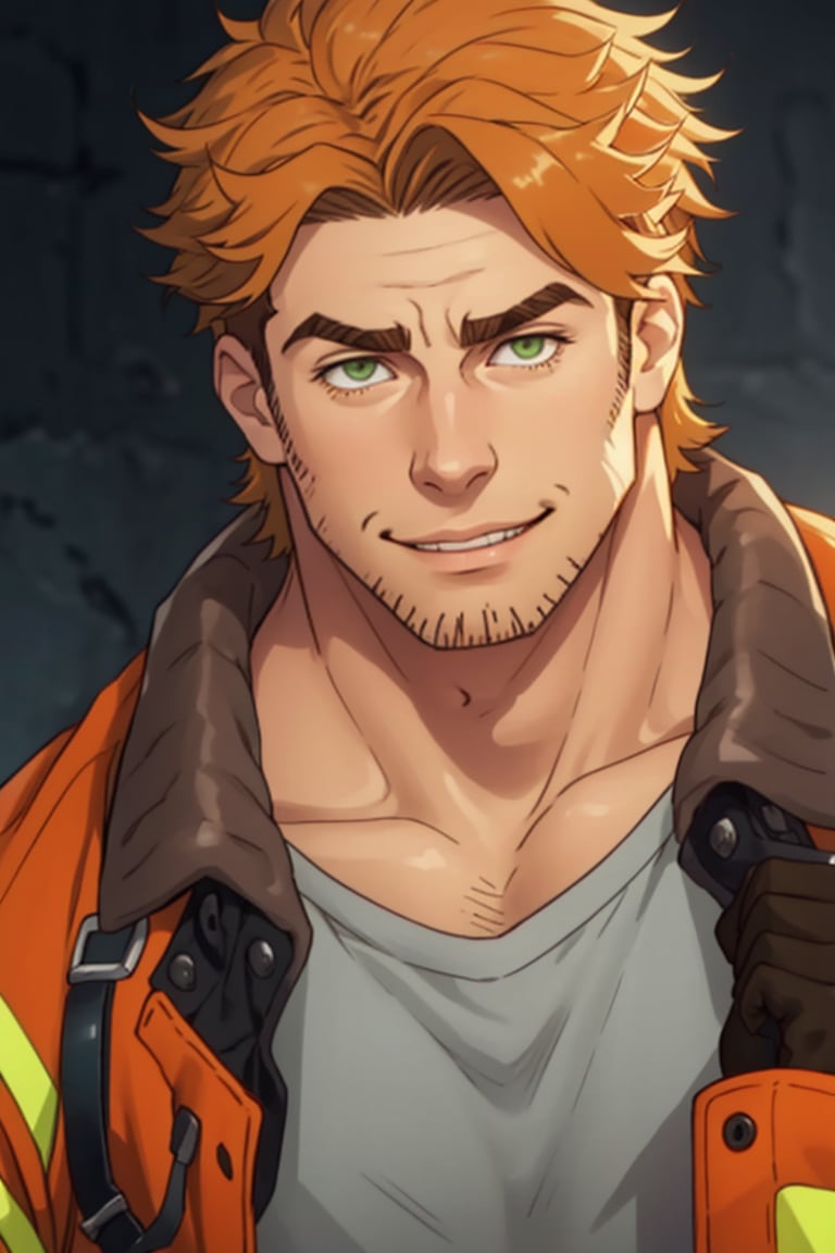 (1 image only), solo male, Gagumber, Sakugan, physical laborer worker, brown hair, two-tone hair, stubble, sideburns, green eyes, thick eyebrows, (white tank top), (orange High-visibility jacket), open jacket, green work pants, black boots, black gloves, mature, handsome, charming, alluring, smile, ((portrait, close-up)), perfect anatomy, perfect proportions, high_resolution, dutch angle, detailed background