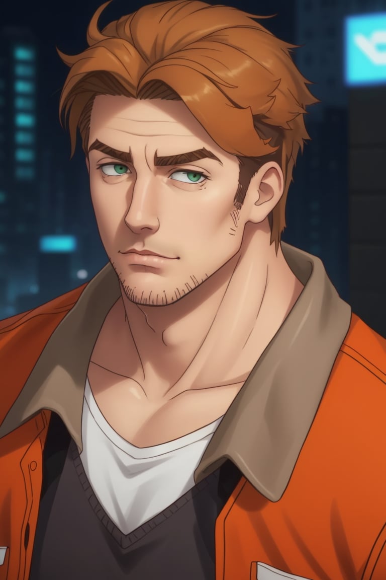 (1 image only), solo male, Gagumber, Sakugan, physical laborer worker, brown hair, two-tone hair, stubble, green eyes, thick eyebrows, (white tank top), (orange High-visibility jacket), open jacket, green work pants, black boots, black gloves, mature, handsome, charming, alluring, smirk, ((portrait, close-up)), perfect anatomy, perfect proportions, high_resolution, dutch angle, detailed background, cyberpunk city