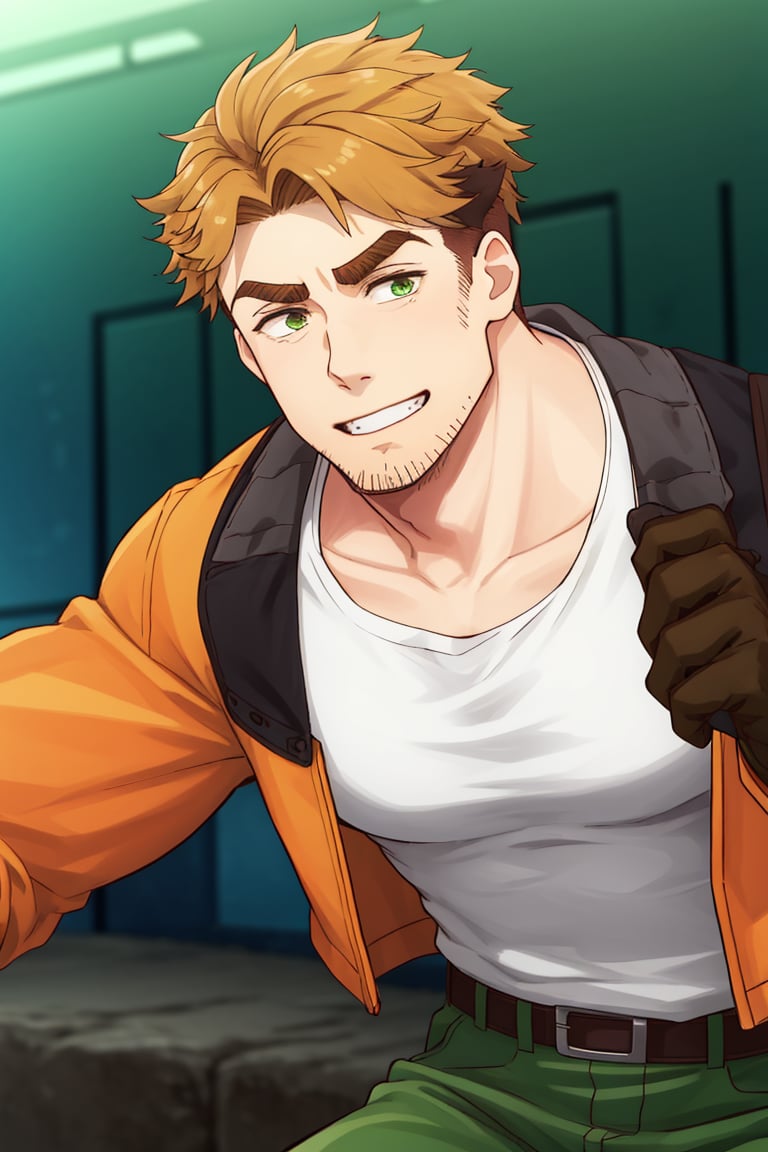 (1 image only), solo male, Gagumber, Sakugan, physical laborer worker, brown hair, two-tone hair, stubble, green eyes, thick eyebrows, (white tank top), (orange High-visibility jacket), open jacket, green work pants, black boots, black gloves, mature, handsome, charming, alluring, smile, ((portrait, close-up)), perfect anatomy, perfect proportions, high_resolution, dutch angle, detailed background, cyberpounk city