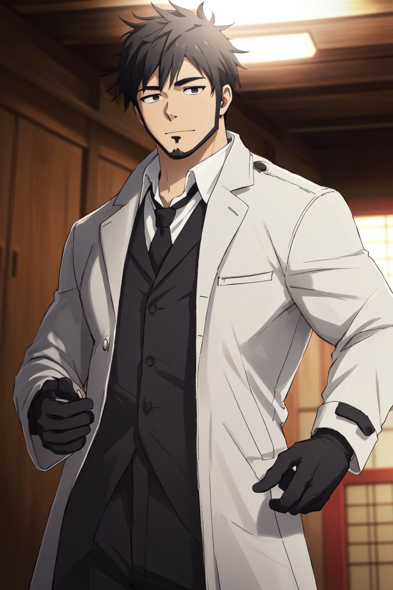 solo male, Genma Shizume, Asian, Japanese, black hair, chinstrap beard, sideburns, black eyes, calm eyes, slitty eyes, (white collared shirt, black neckti, black jacket), ((brown overcoat, open overcoat)), black pants, black gloves, mature, masculine, handsome, charming, allurin, smile, standing, upper body, perfect anatomy, perfect proportions, (best quality, masterpiece, high_resolution:1.3), perfect eyes, dutch angle, cowboy shot