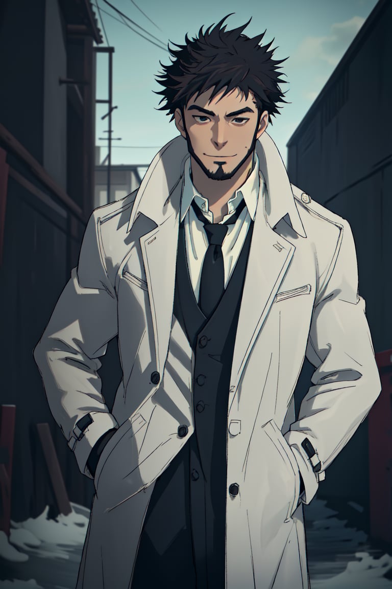 solo male, Genma Shizume, Asian, Japanese, black hair, chinstrap beard, sideburns, black eyes, calm eyes, slitty eyes, (white collared shirt, black necktie, black jacket:1.3), (brown overcoat, open overcoat:1.3), black pants, black gloves, mature, masculine, handsome, charming, allurin, smile, standing, upper body, hand on waist, perfect anatomy, perfect proportions, (best quality, masterpiece, high_resolution:1.3), perfect eyes, dutch angle, cowboy shot