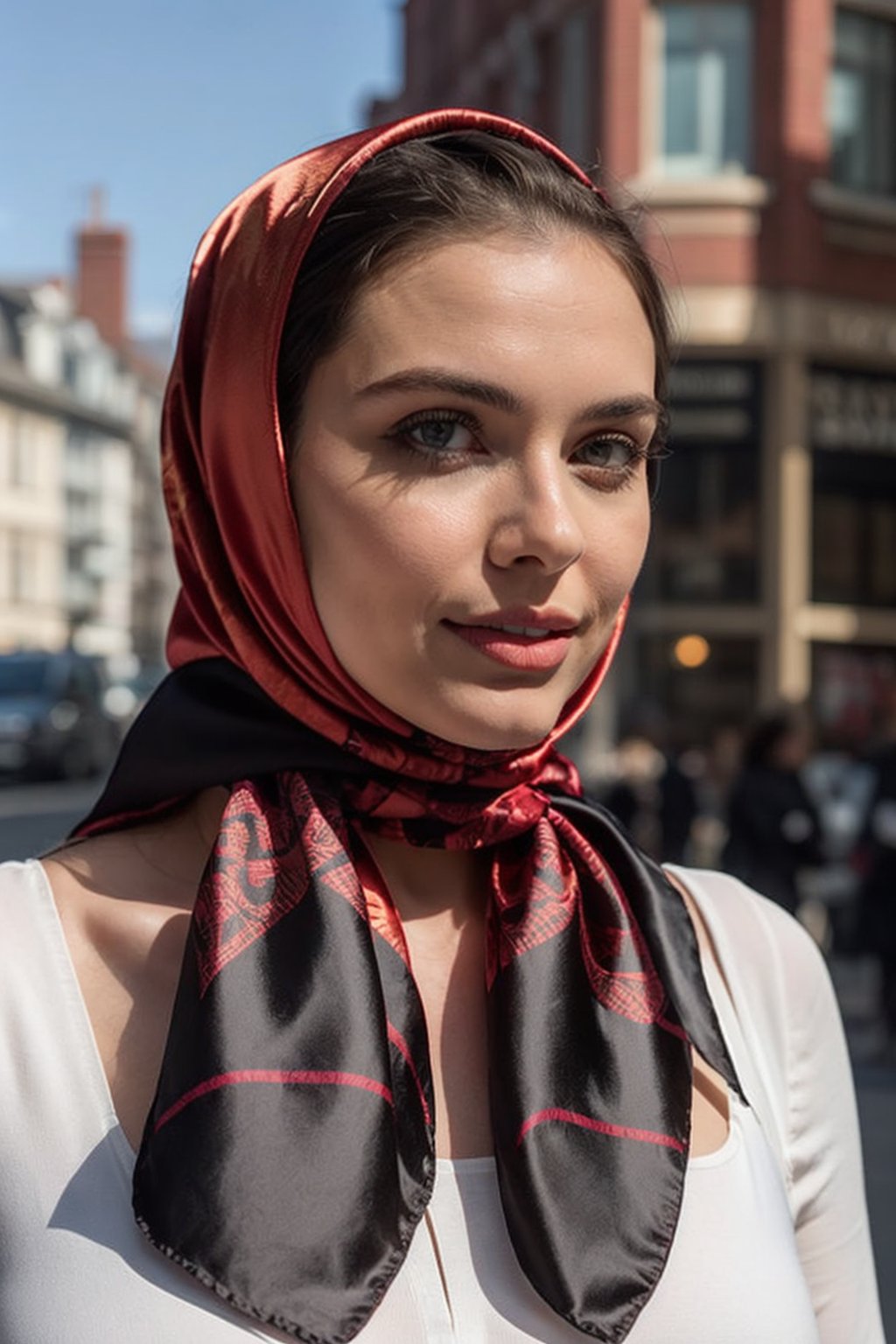 photograph,  full height View of 30 years old caucasian female, sunny, brokeh, (patterned_satin) scarf ,knotted scarf